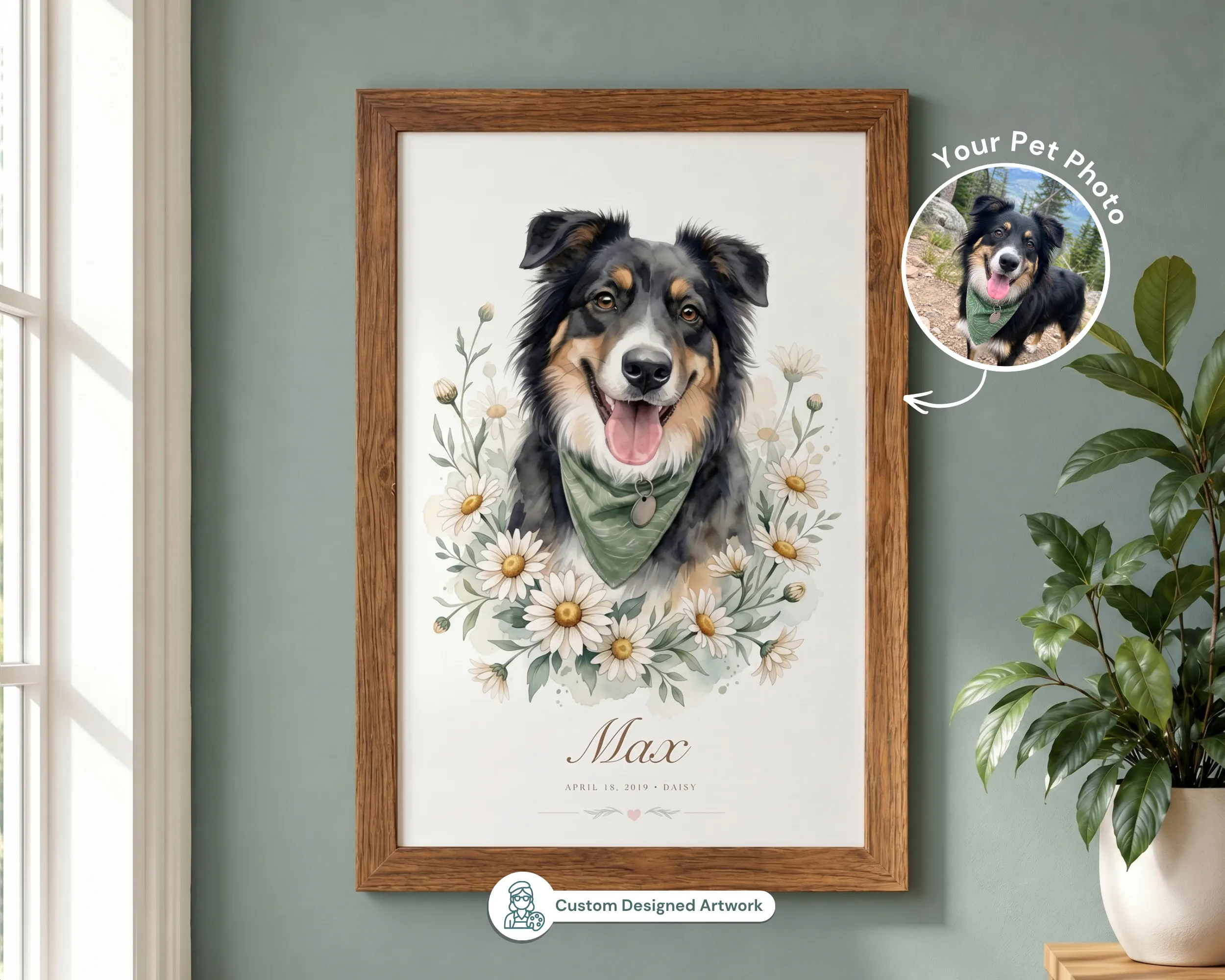 Birth Flower dog portrait in a natural wood frame beside the original pet photo