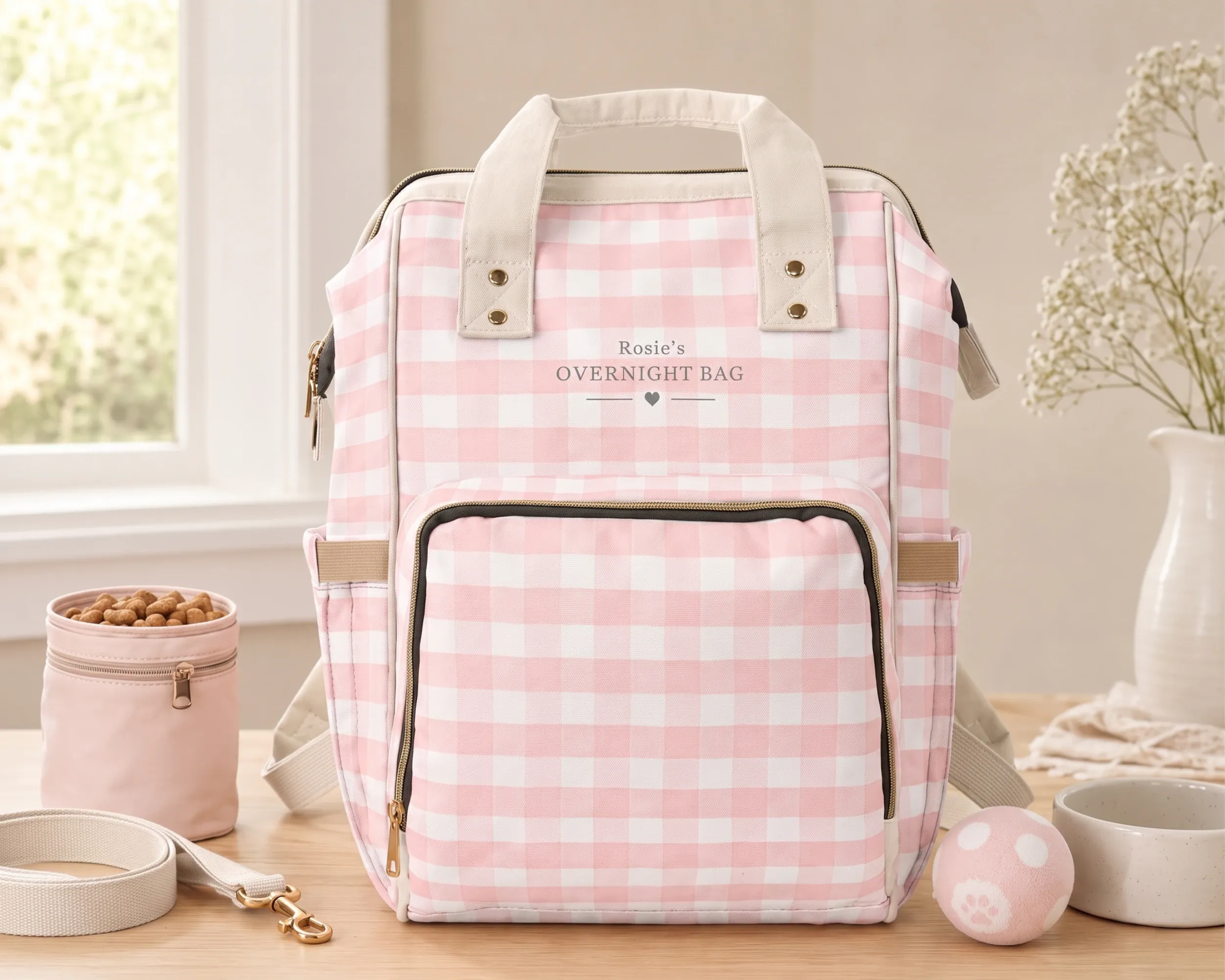 Blush pink Watercolor Gingham Dog Travel Bag styled with dog walking essentials