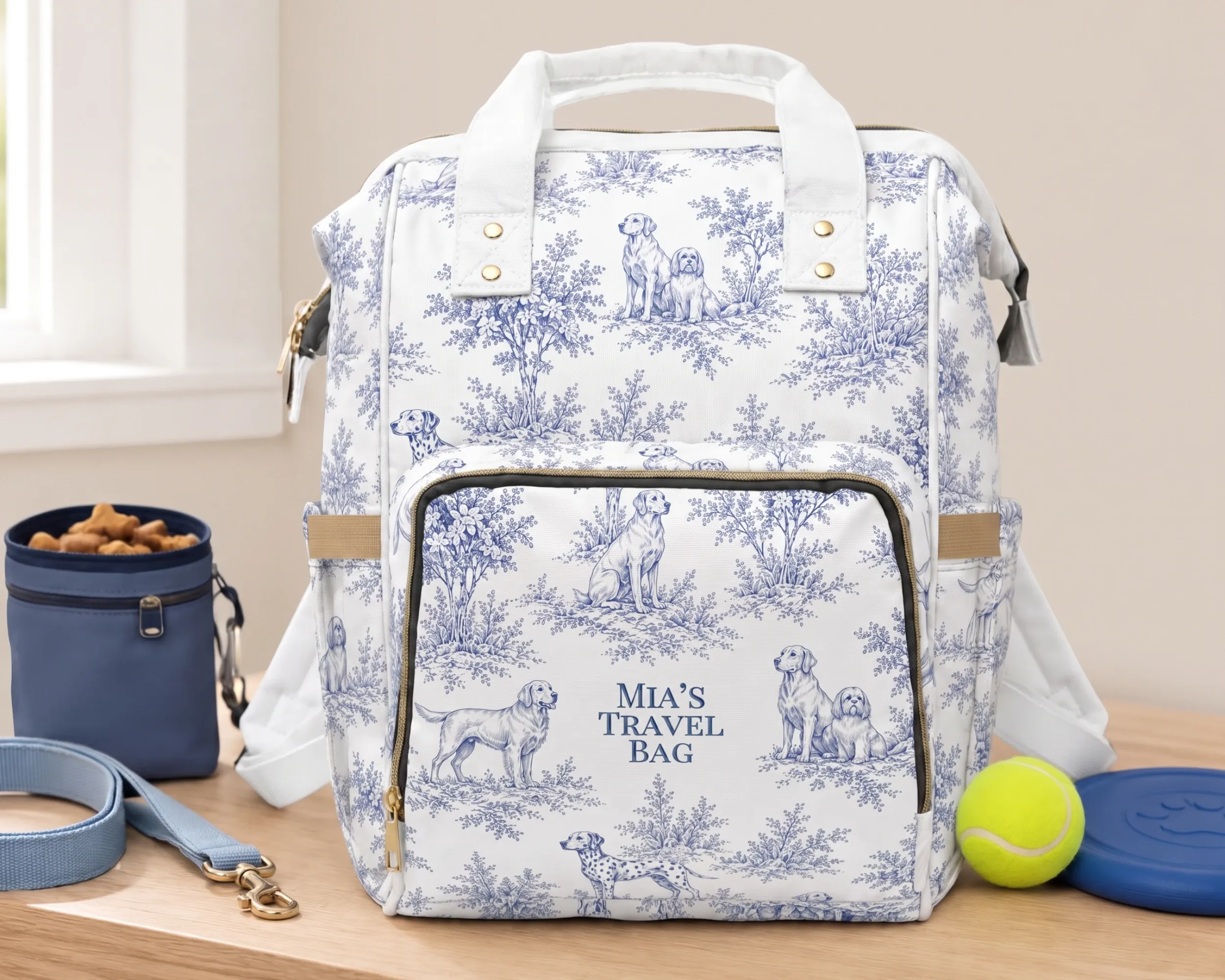 Blue Toile Dog Travel Bag styled with dog walking essentials
