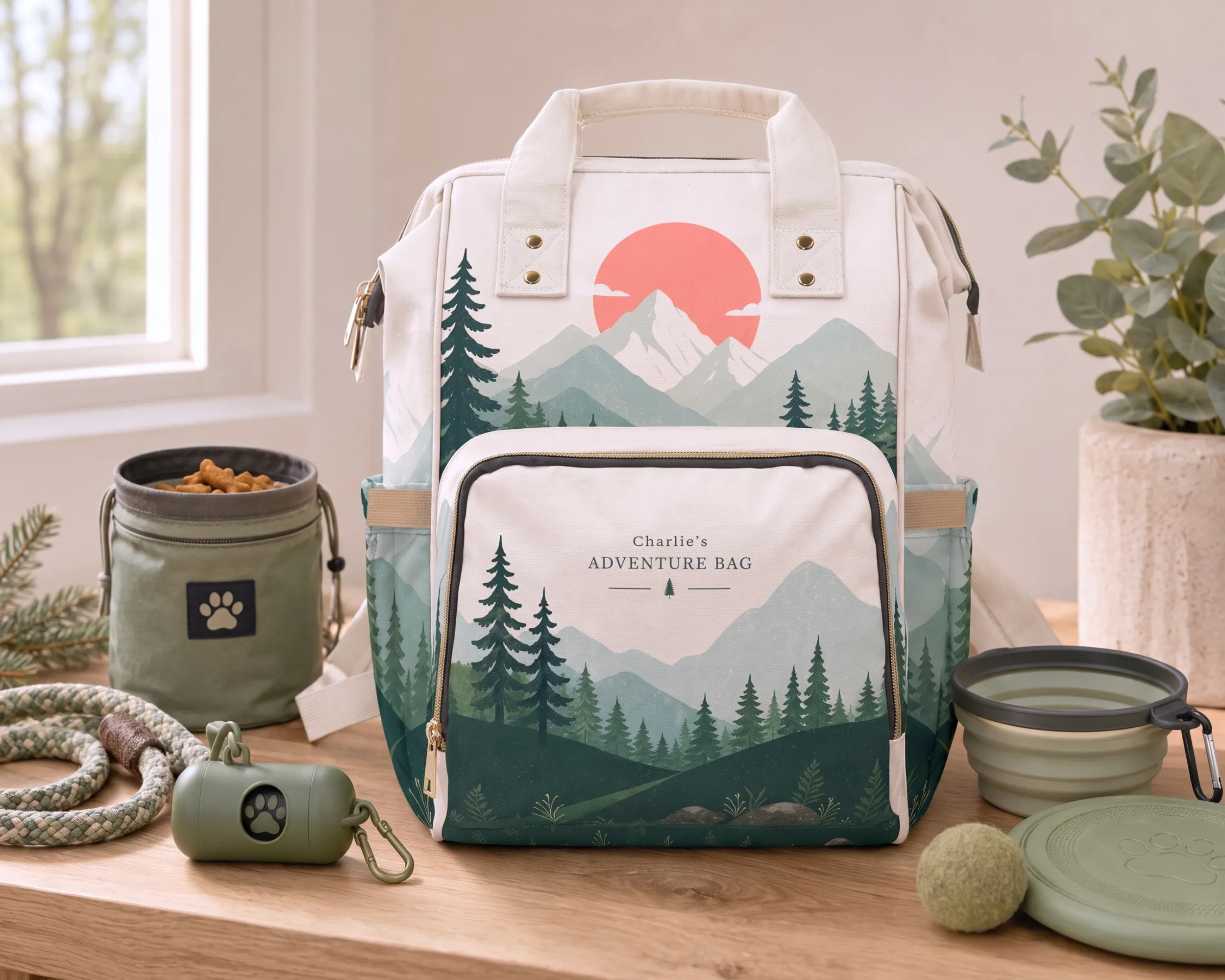 Alpine Adventure Dog Travel Bag styled with dog walking essentials