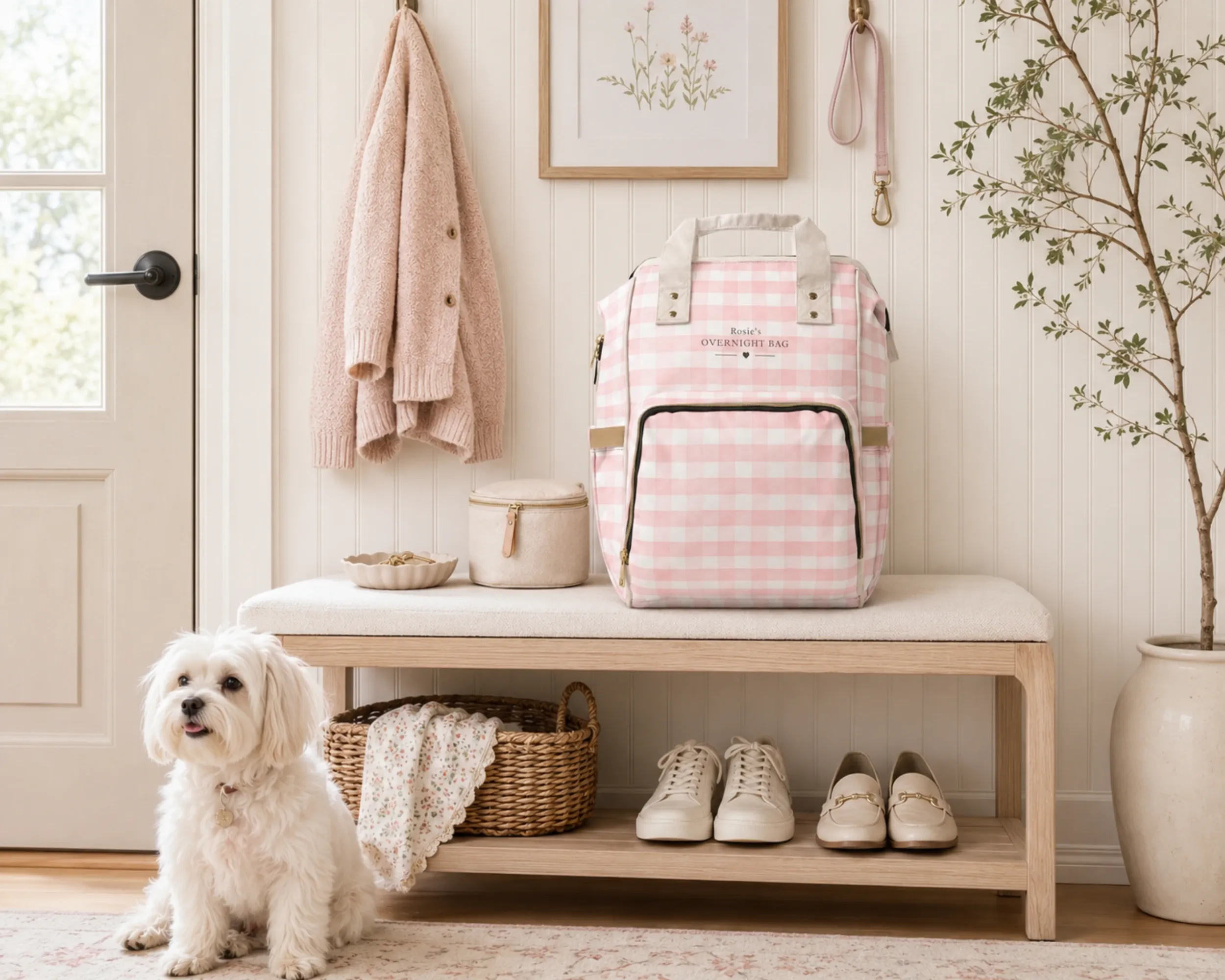 Blush pink Watercolor Gingham Dog Travel Bag on an entryway bench beside a small white dog