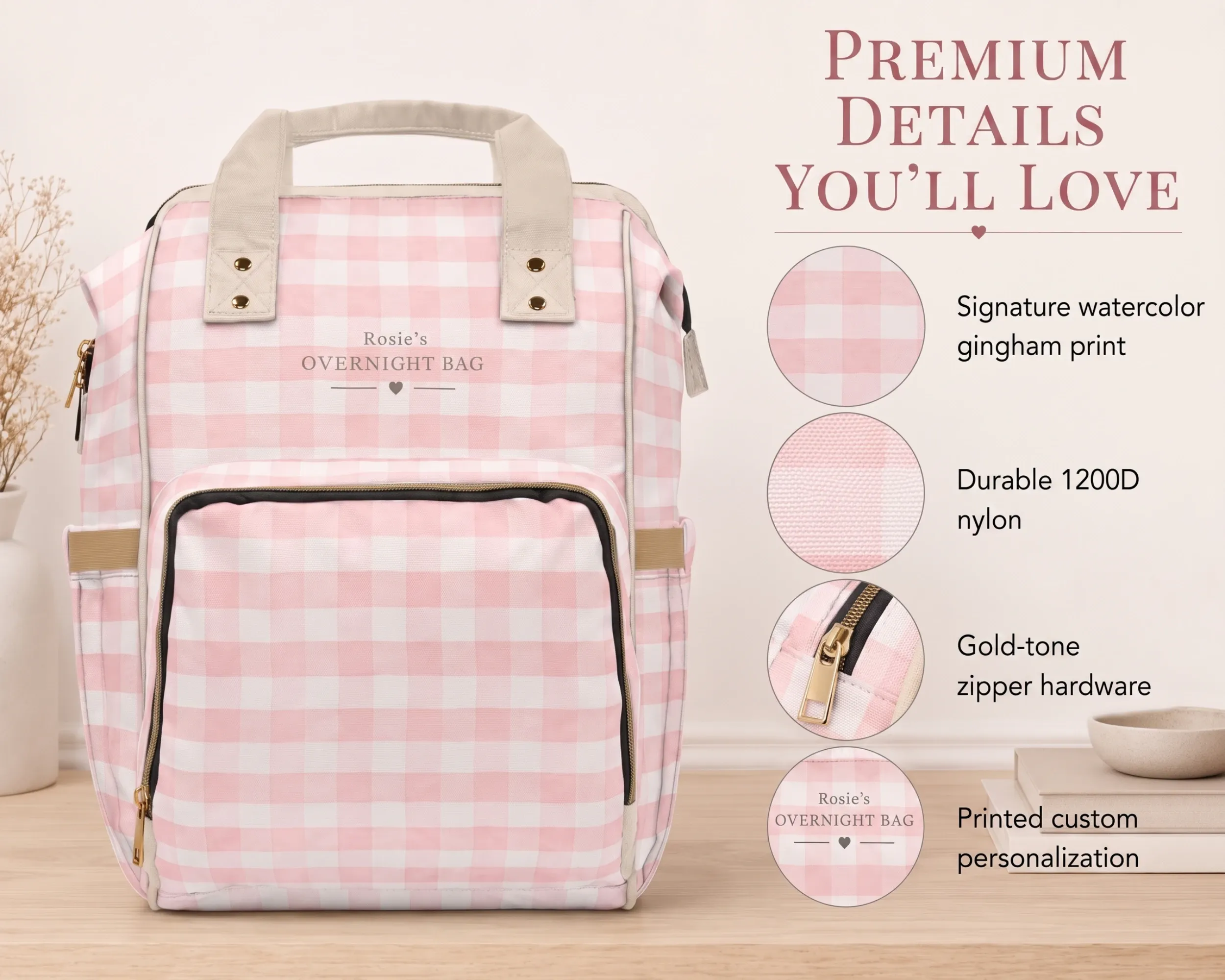 Watercolor Gingham Dog Travel Bag print, nylon, zipper and personalization details